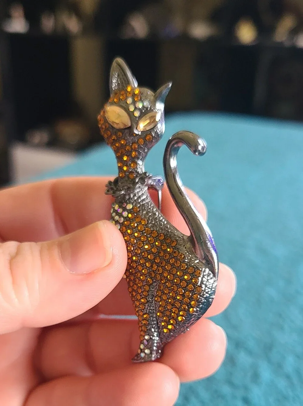 Crystal Cat Brooch Pin With Amber and Iridescent Stones